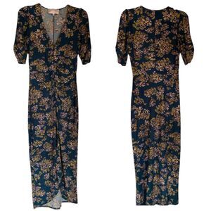 Charles Henry Ruched Midi Dress Teal Floral Print Stretch Ladies Small S